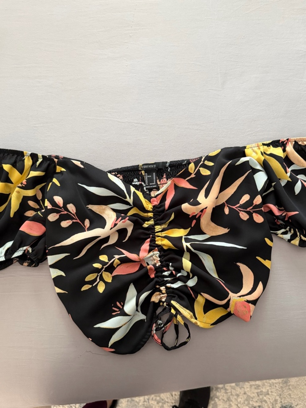Forever 21 Black Floral Off-Shoulder Smocked Top with Yellow and Coral Print